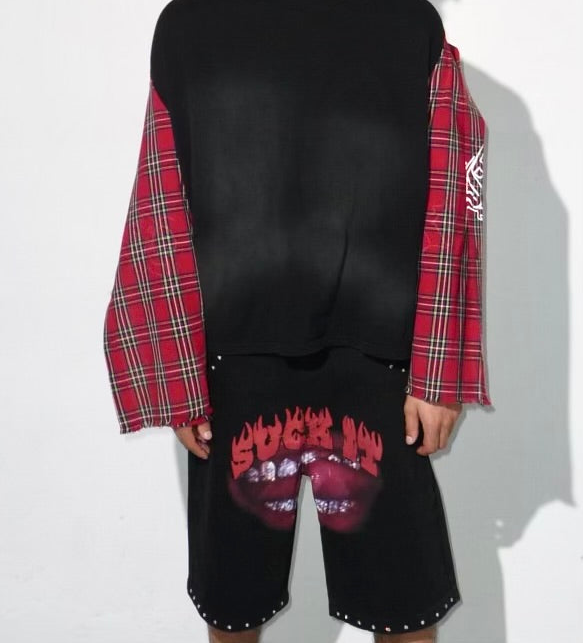 "Suck It" Studded Graphic Shorts