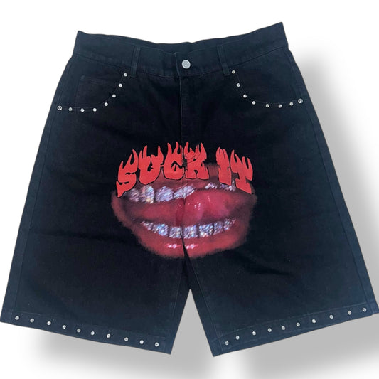 "Suck It" Studded Graphic Shorts